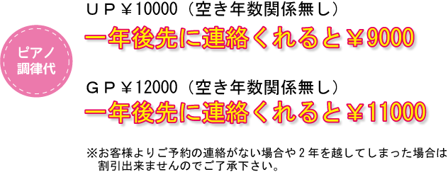 ピアノ調律代　ＵＰ￥10000円（空き年数関係無し）一年後先に連絡くれると￥9000円、ＧＰ￥12000円（空き年数関係無し）一年後先に連絡くれると￥11000円